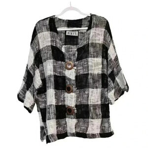 Vintage 90s Open Knit Cardigan Sweater Blouse Size Large Plaid Artsy Boho Button